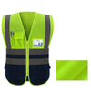 A bright lime green high-visibility reflective safety vest with a zipper and dark blue accents.