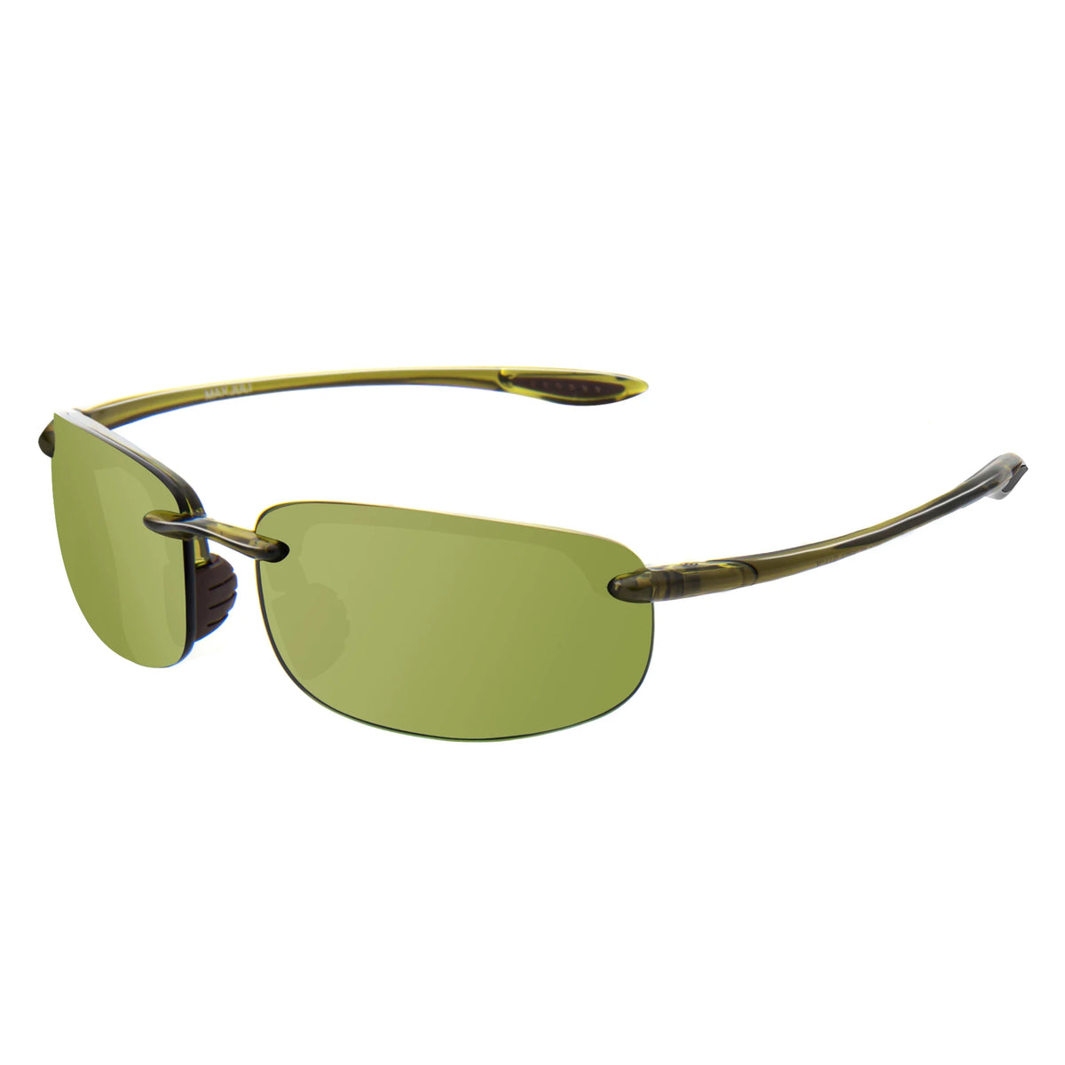 Rimless polarized sports sunglasses with a light olive green lens and gold-toned frame