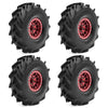 Set of four black metal beadlock RC crawler wheels with tires shown from various angles
