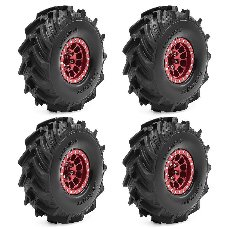 Set of four black metal beadlock RC crawler wheels with tires shown from various angles