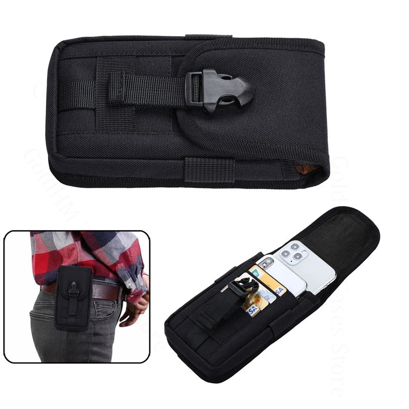 Black multilayer card slot phone pouch with a belt loop for carrying devices.