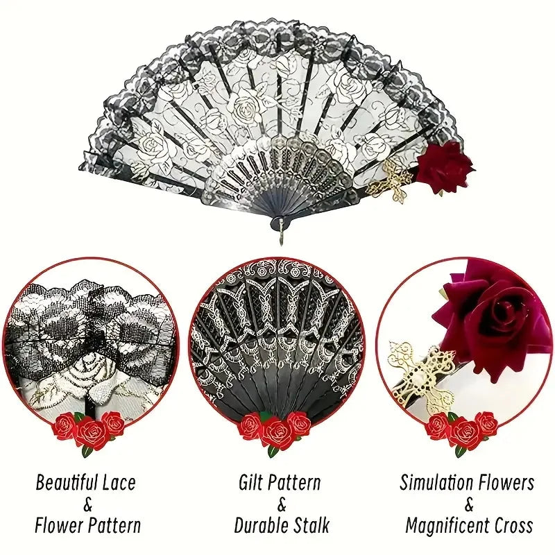 Vintage spanische Flamenco-Rose-Spitze, Handfächer mit schwarz-weißem Muster und roter Rosenverzierung
