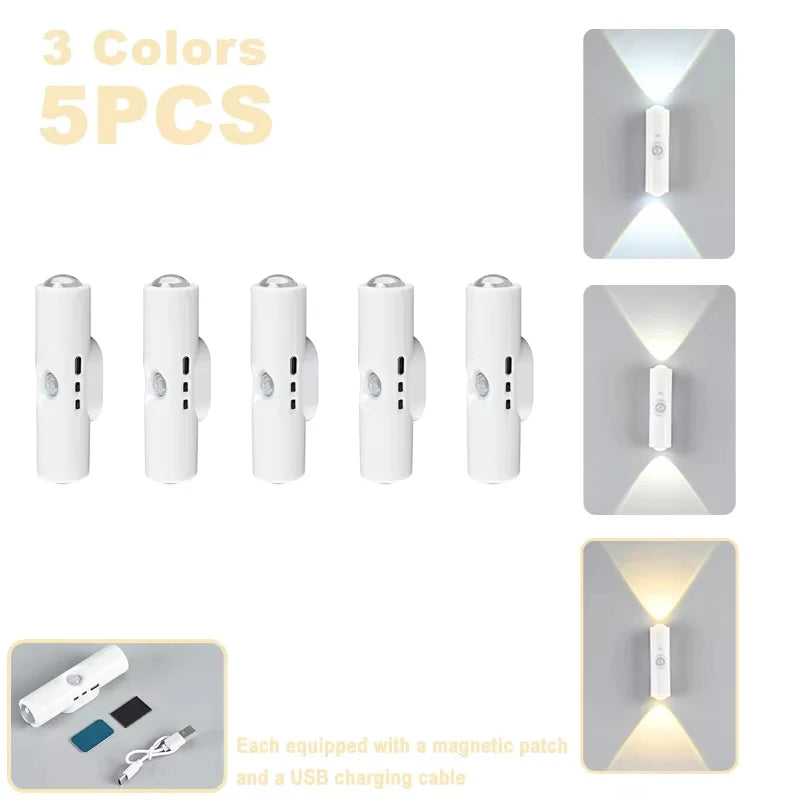 Three colors of 5 pieces rechargeable motion sensor LED night lights with RGB mood lighting.