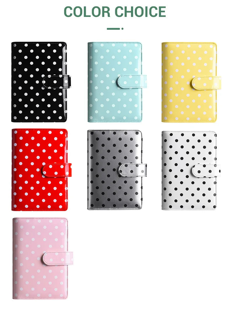 A selection of six A6 polka dot PU leather binder wallets in black, mint green, yellow, red, gray, and white.