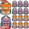 A set of 50 cute cartoon backpack goodie bags for kids party favors in various colors and designs.