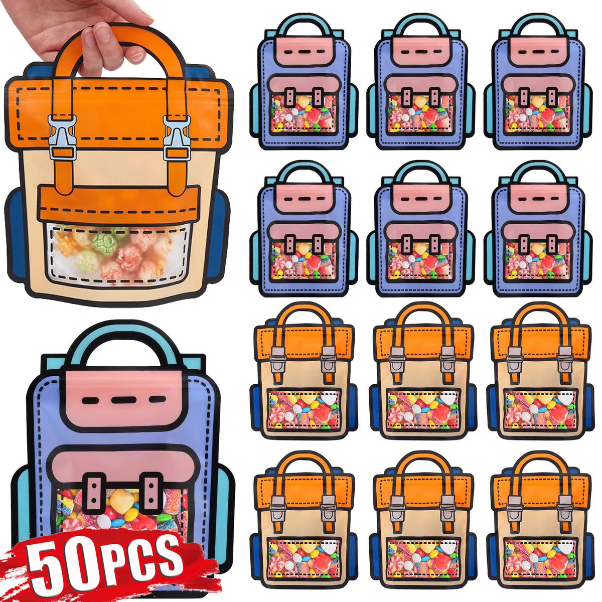 A set of 50 cute cartoon backpack goodie bags for kids party favors in various colors and designs.
