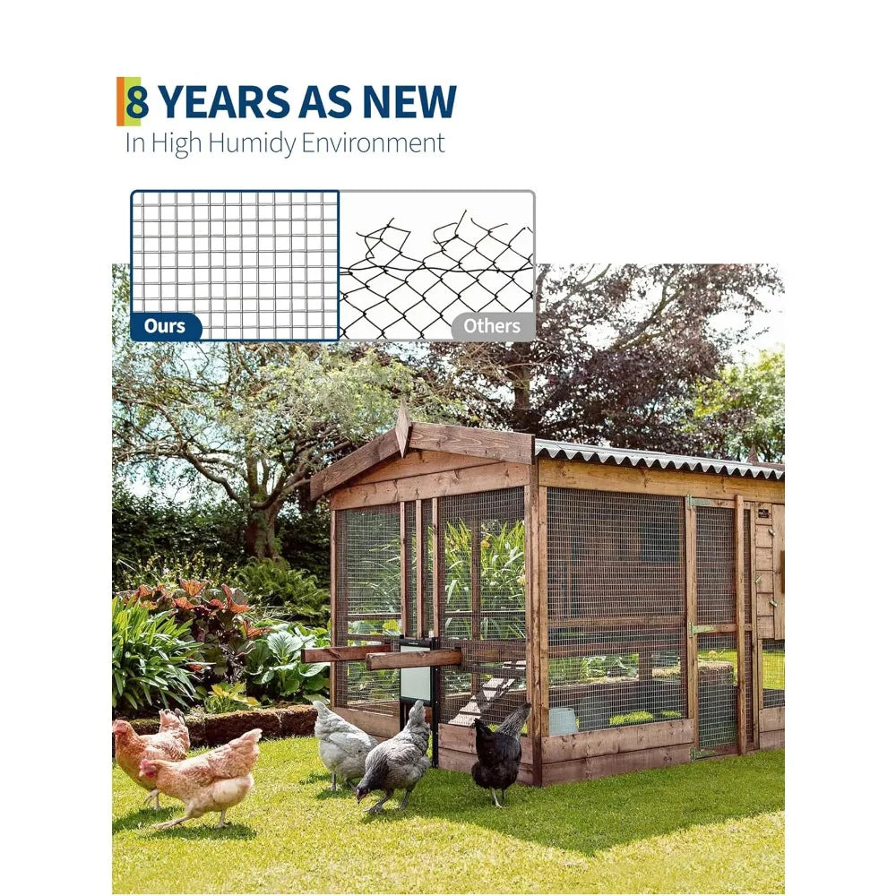 A galvanized steel wire mesh roll is shown in a wooden enclosure used for livestock protection.