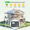 A smart sprinkler controller device is shown in front of a modern house, illustrating its features like app control and sched