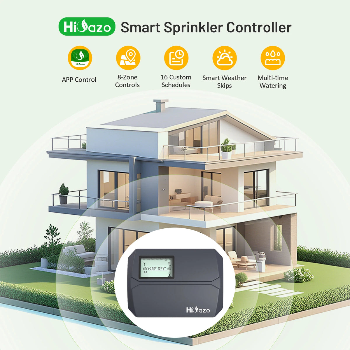 A smart sprinkler controller device is shown in front of a modern house, illustrating its features like app control and sched