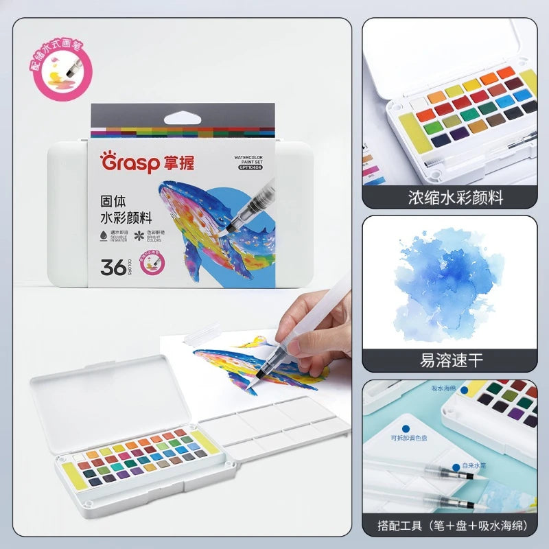A set of 36 watercolor paint pens and brushes for art, including a palette and packaging.