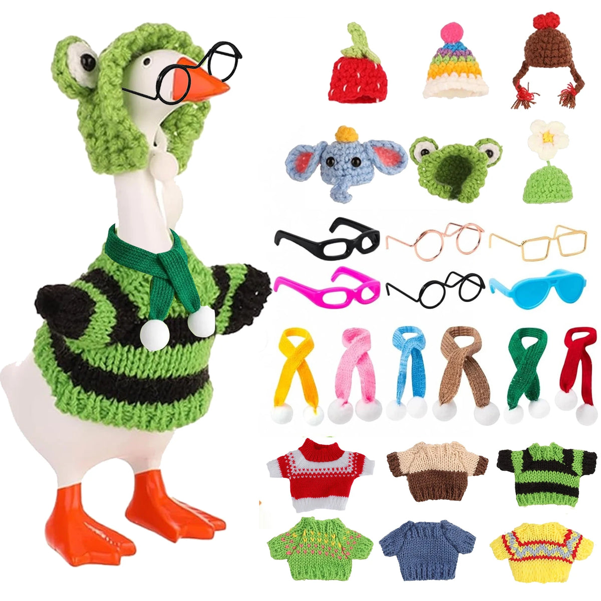 A knitted sweater and hat costume set featuring a goose statue decoration.