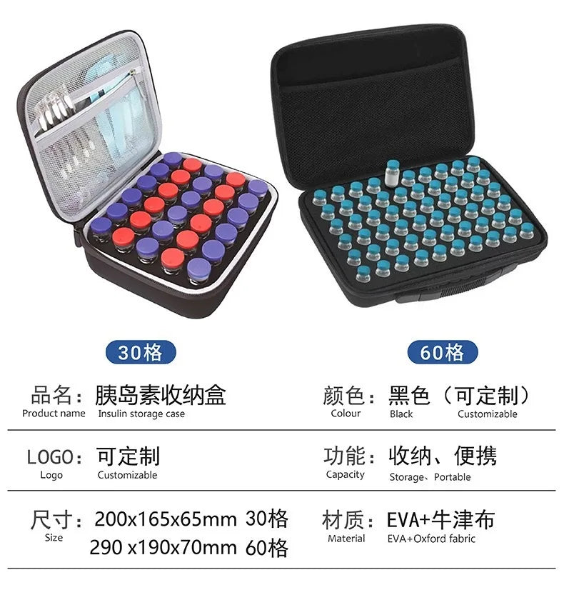 Black portable storage case for 30 or 60 insulin and peptide vials with individual compartments