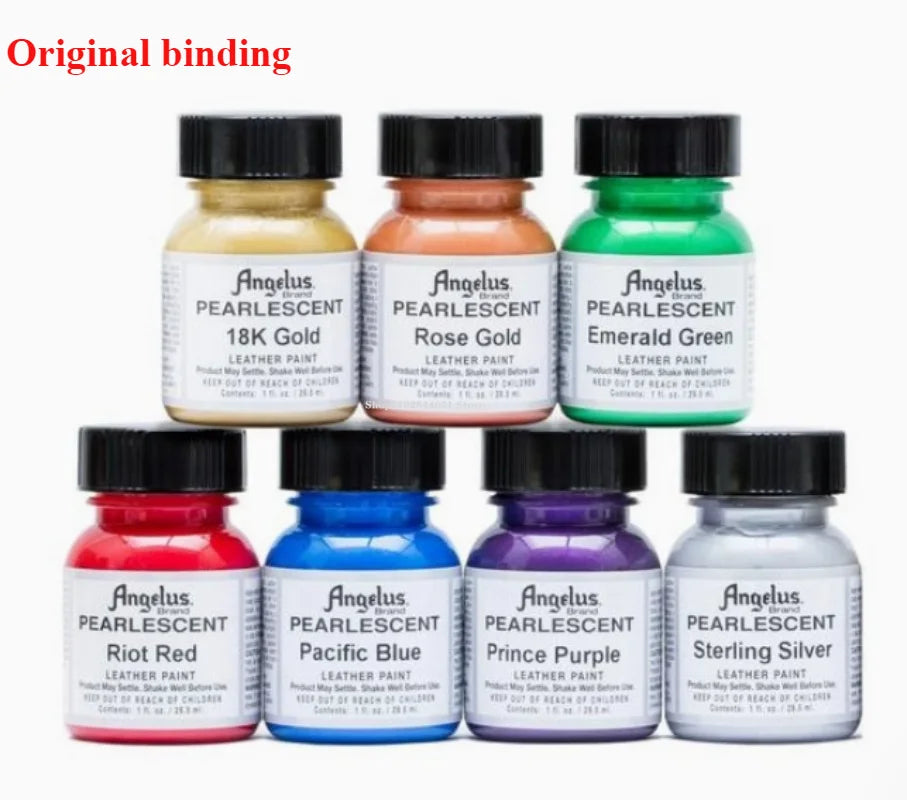 A collection of Angelus Pearlescent leather paints in various colors including Gold, Rose, Emerald Green, Riot Red, Pacific B