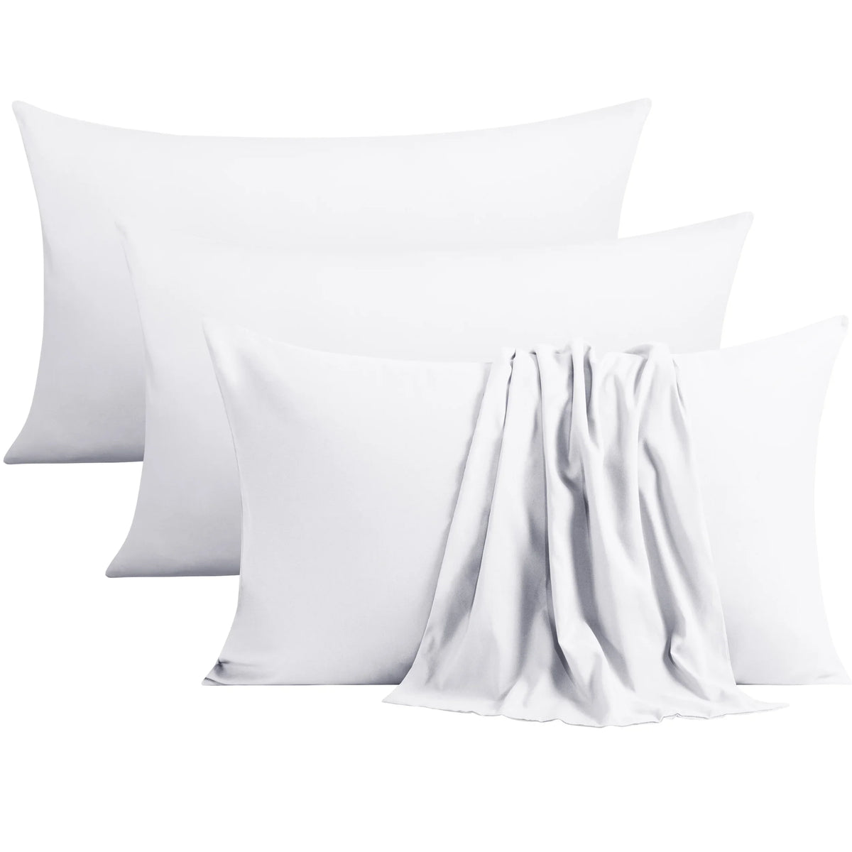 A set of four white microfiber pillowcases with envelope closures stacked together.