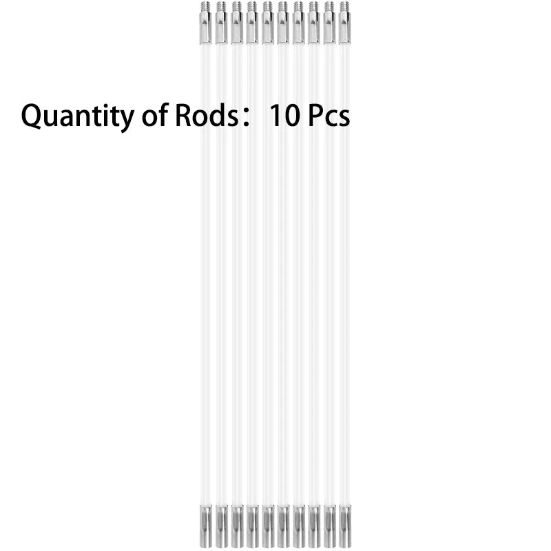 A set of ten clear flexible rods used for chimney and dryer vent cleaning brushes.