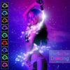 A woman is holding an LED fiber optic dance whip that emits bright purple and blue light, perfect for dancing.