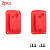 Two red wall-mounted battery tool holders with M-D sized slots and mounting tabs.