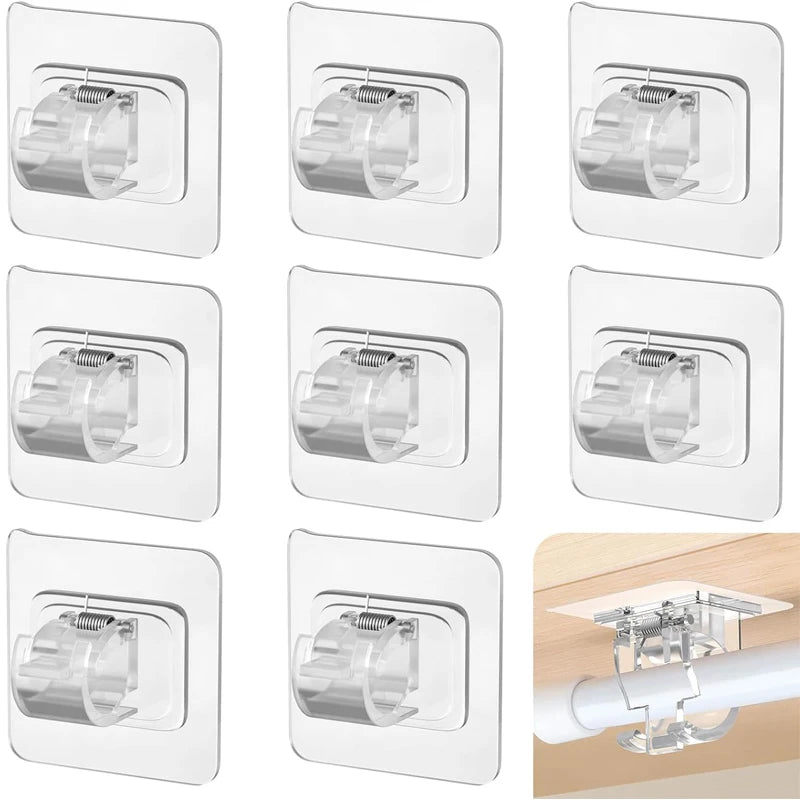 Various silver adhesive curtain rod hooks and wall mount clips shown in different angles