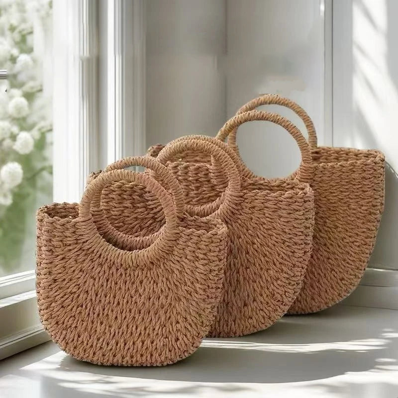 Handwoven Rattan Half-Moon Beach Bag