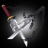 A cosplay katana featuring an inverted spear blade with a black chain hilt and red grip.