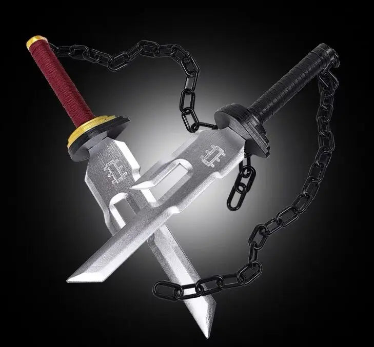 A cosplay katana featuring an inverted spear blade with a black chain hilt and red grip.