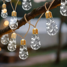 String lights with clear glass bulbs suspended from a wooden branch