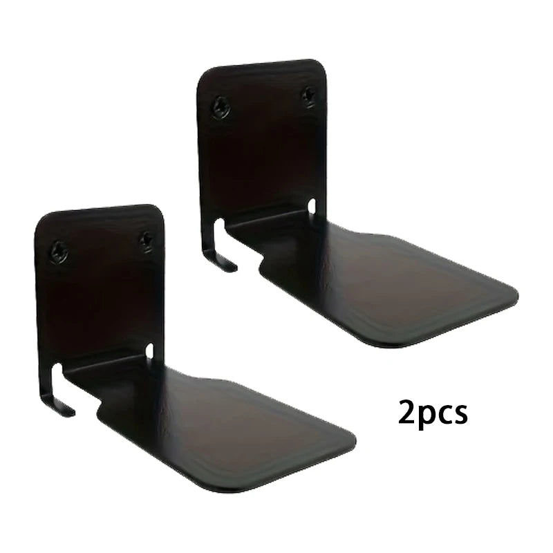 Two matte black heavy-duty wall-mounted floating shelf brackets for storage.