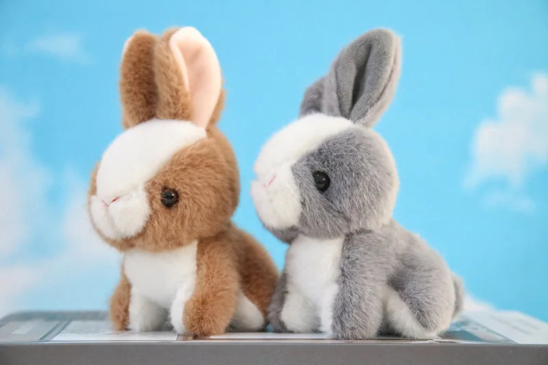 A pair of mini plush bunny toys, one brown and white, and one gray and white, sitting on a surface against a blue sky backgro