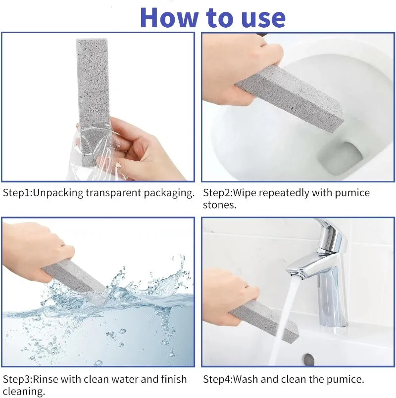 Instructions showing how to use an eco-friendly pumice stone cleaning stick for tough stains, including unwrapping, wiping, r