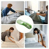 A green mattress lifter wedge tool is shown being used to easily lift and change bed sheets on a mattress.