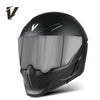A black full-face motorcycle helmet with a smoked visor and ventilation features visible on a white background.
