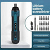 A black lithium battery screwdriver with a green grip and torque adjustment features is shown next to its accessories.