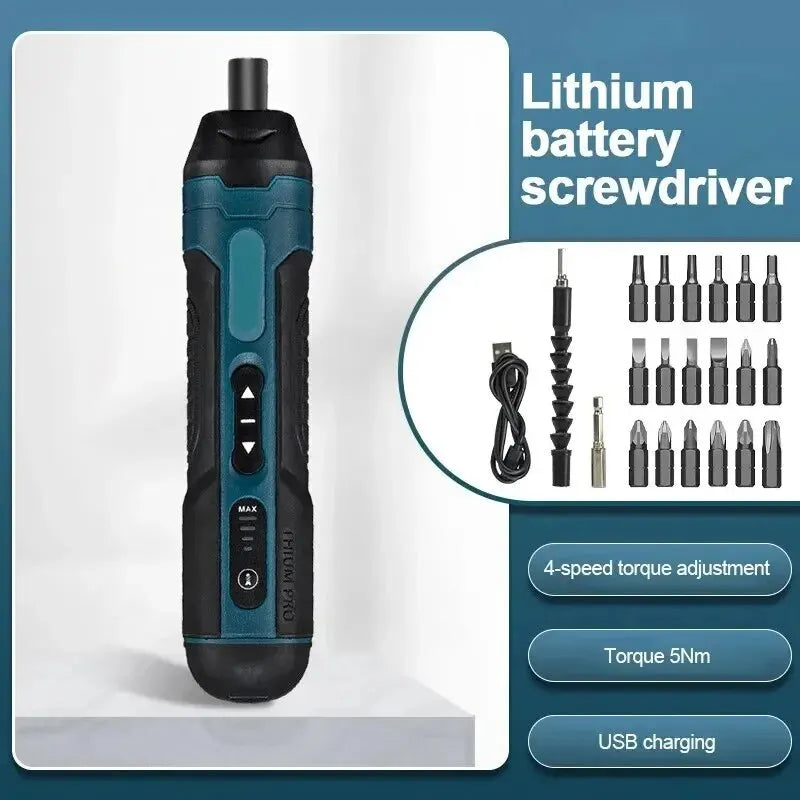 A black lithium battery screwdriver with a green grip and torque adjustment features is shown next to its accessories.