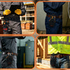 A person wearing dark work clothes is shown holding a durable tool pouch with a quick-release belt clip.