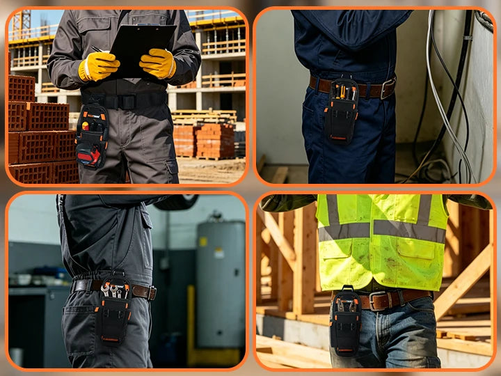 A person wearing dark work clothes is shown holding a durable tool pouch with a quick-release belt clip.