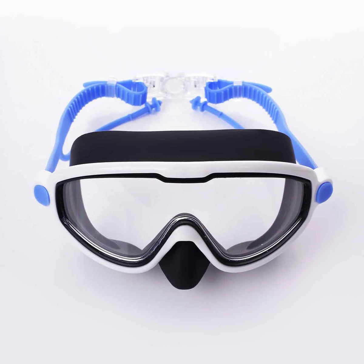 Lunettes de natation blanches et bleues avec une monture noire et un élastique réglable