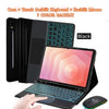 Black keyboard case and backlit mouse shown next to a tablet displaying a colorful background.