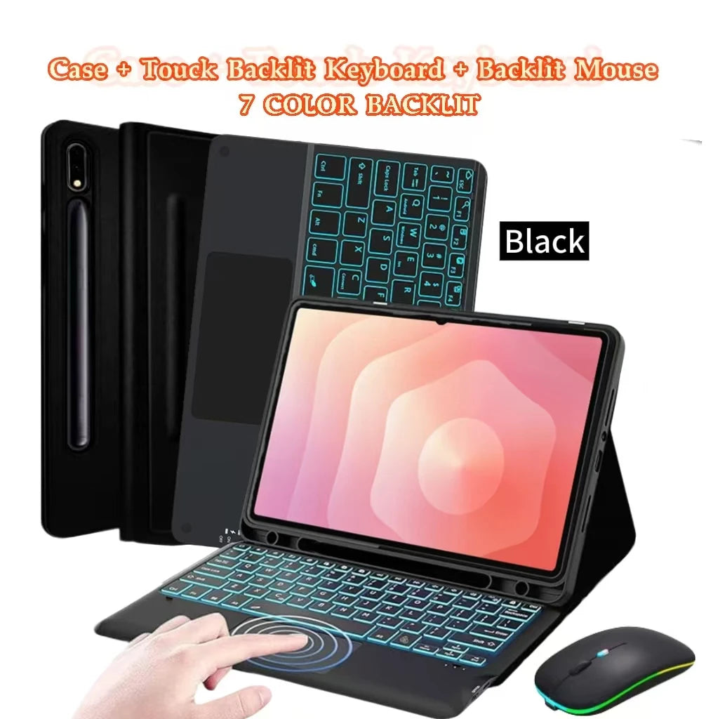 Black keyboard case and backlit mouse shown next to a tablet displaying a colorful background.
