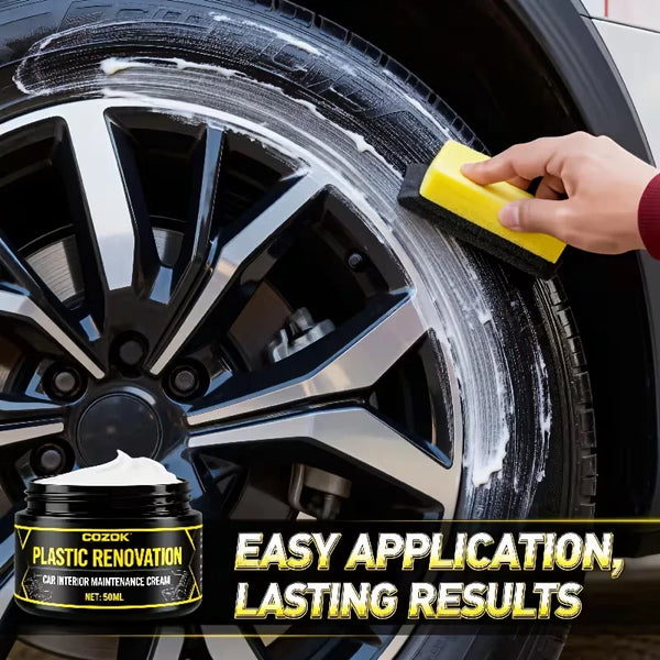 A hand applies a yellow cleaning tool to a tire rim, demonstrating the easy application of Plastic Renovation Car Interior Ma