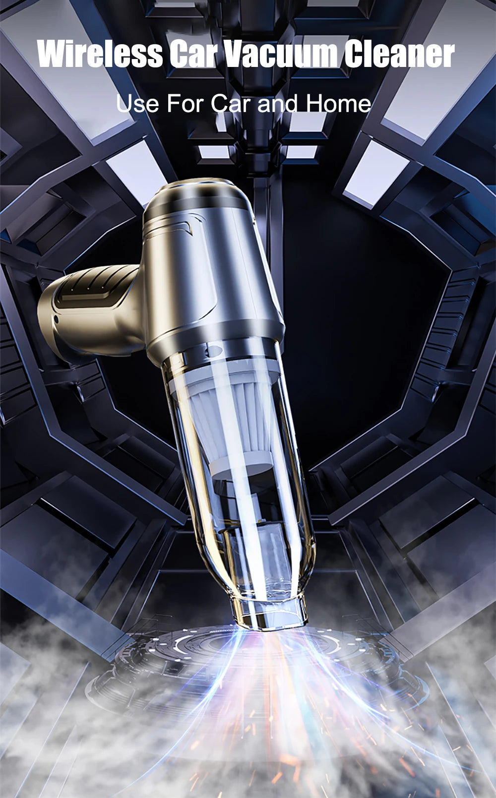 A close-up view of a silver cordless handheld vacuum cleaner with a clear nozzle emitting a powerful stream of air.