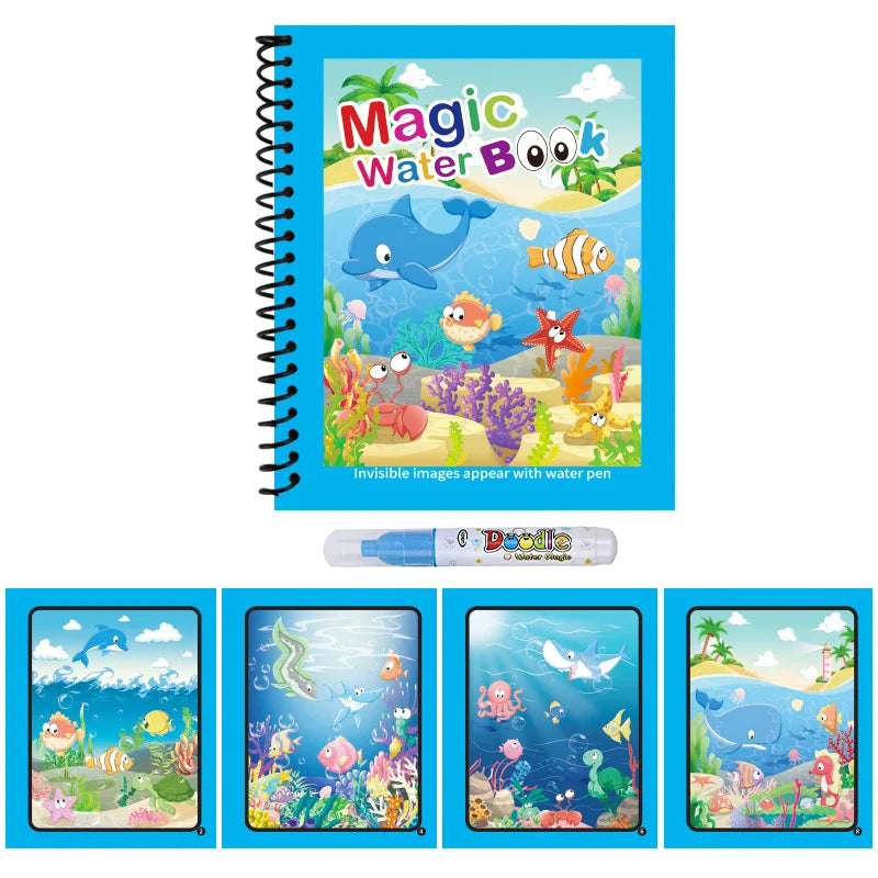 A colorful Magic Water Book with illustrations of sea creatures and plants, featuring invisible images that appear with a wat