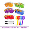 A set of 20 dry erase cards, 2 erasable pens, and 4 spatters for a fly swat game.