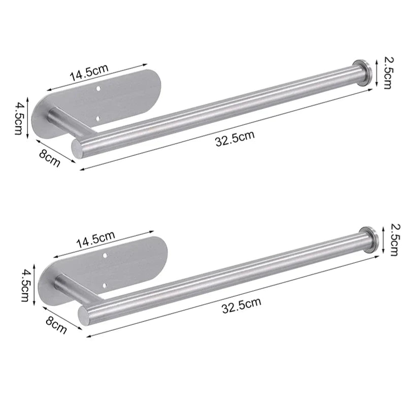 Stainless steel wall-mounted paper towel holder with a 32.5cm rod and mounting plate.