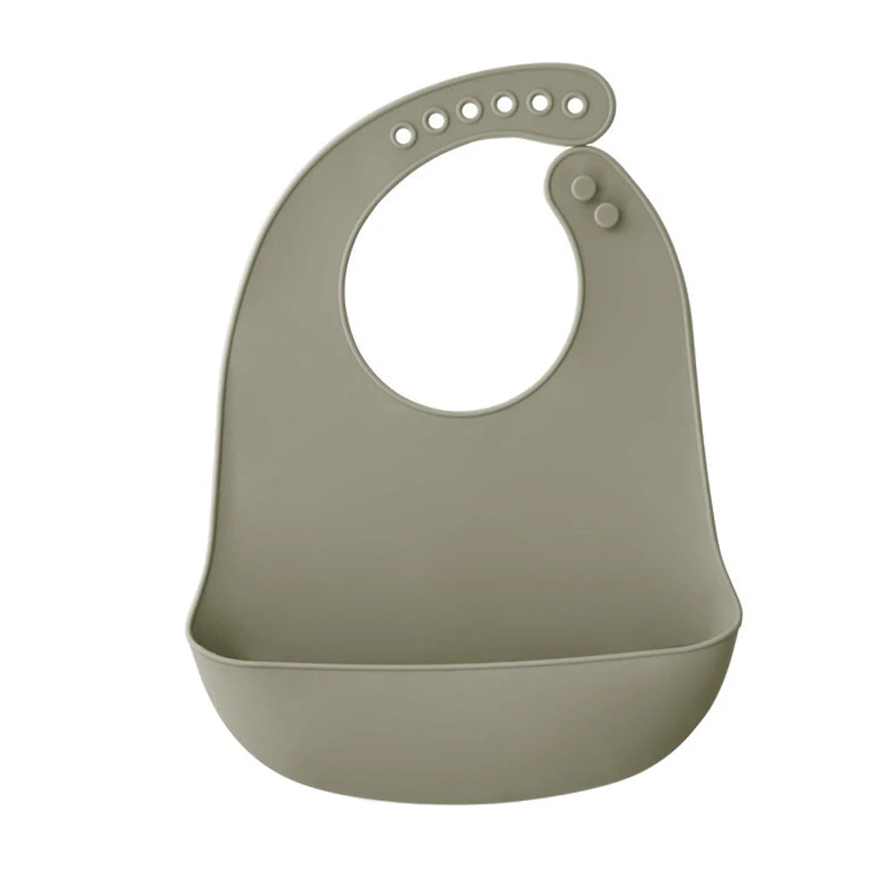 A light gray silicone baby bib with a catch pocket for food protection.