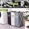 A dark, light, and color laundry basket with handles and sorting compartments shown before and after use.