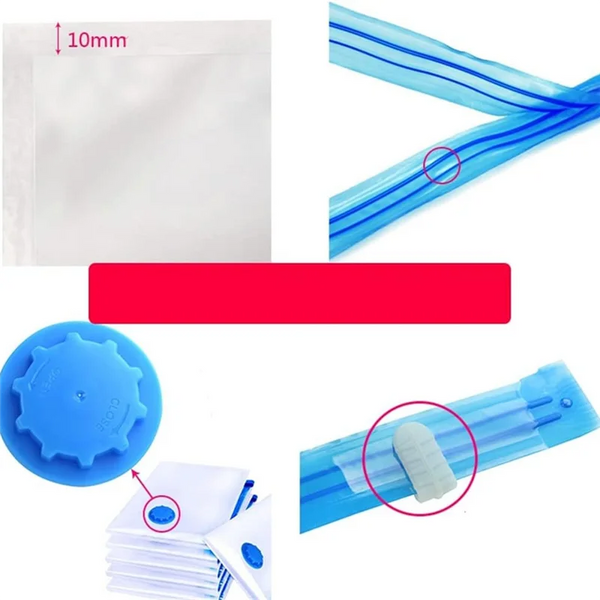 Reusable vacuum compression storage bags showing a bag, a sealing tool, and stacked bags.