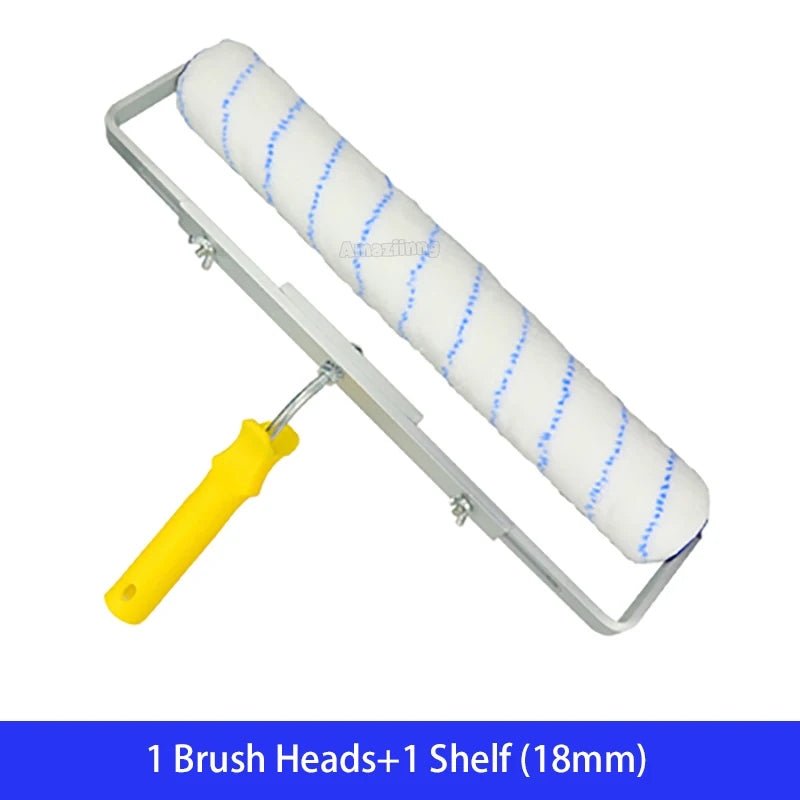 A paint roller with blue-wrapped bristles is shown resting on an aluminum shelf.