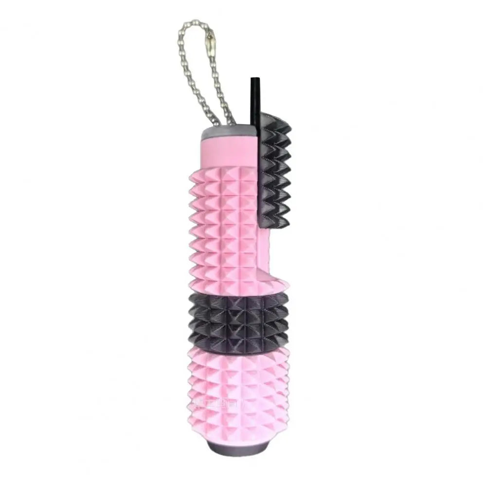 Pink spiked fidget roller with a black top and silver chain for stress relief