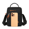 A black backpack featuring a beige smartphone attached, with an orange strap and zipper details.
