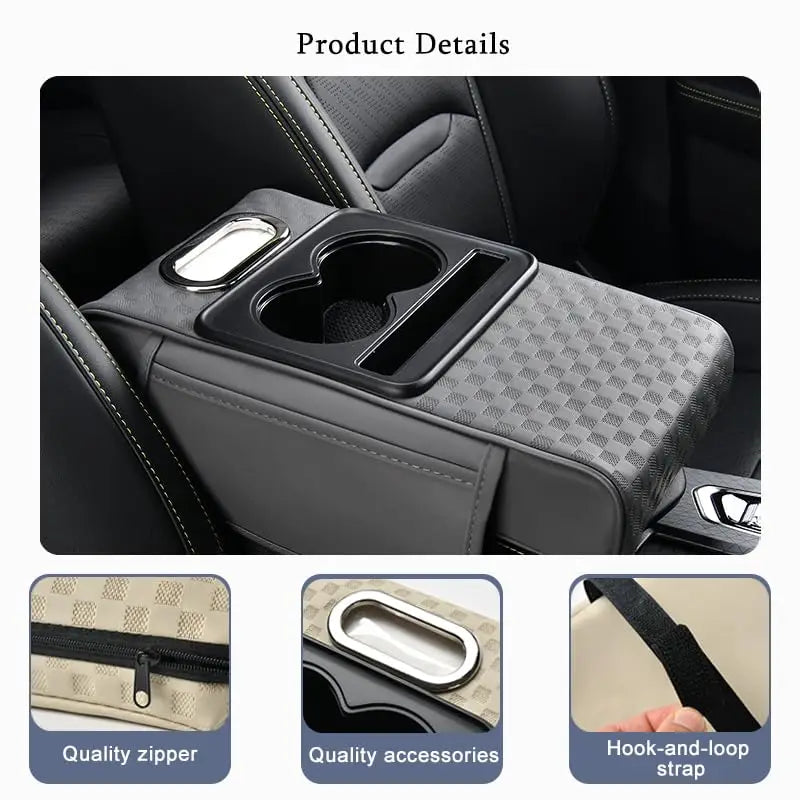 A black car armrest cushion with integrated cupholders, storage, and a hook-and-loop strap.